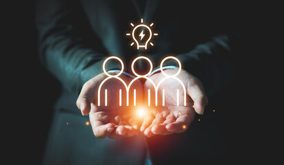 Businessman showing group of teamwork brainstorming icon, Business team planning, meeting and sharing creative ideas concept. Group of young business people working and communicating together