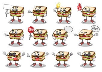 stock vector set of cute sandwich cartoon mascot with face expression on a white background