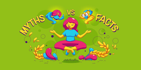 Obraz premium Myths vs facts concept. Woman meditate floating in air in lotus posture. Contemporary female character choose between truth or false info, Mythology against science, Cartoon flat vector illustration