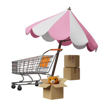stainless steel shopping cart with goods cardboard box, umbrella, teddy bear isolated. online shopping summer sale concept, 3d illustration or 3d render
