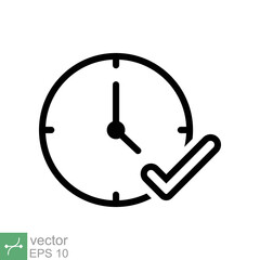 Check mark on clock icon. Simple outline style. Real time protection, perfect hour, circle watch, timer concept. Thin line vector illustration isolated on white background. EPS 10.