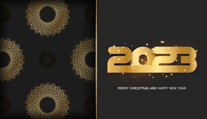 Happy new year 2023 greeting card. Golden pattern on black.