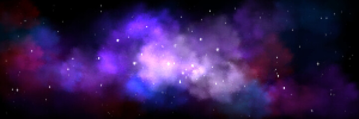 Space background with realistic nebula and shining stars. Colorful purple and blue cosmos with stardust and milky way. Infinite universe and starry night sky, Magic galaxy world, Vector illustration © klyaksun