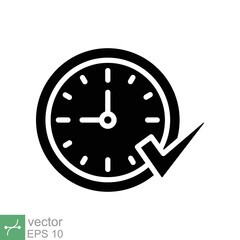 Check mark on clock icon. Simple solid style. Real time protection, perfect hour, circle watch, timer concept. Glyph vector illustration isolated on white background. EPS 10.