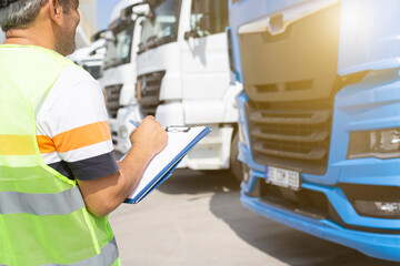 Occupational safety and health. Truck drivers and worker check the notes.