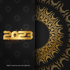Happy new year 2023 holiday background. Black and gold color.
