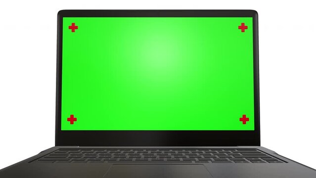 Laptop computer showing green chroma key screen stands. Chroma key stands on a white background, isolate