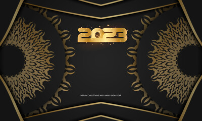 Happy New Year 2023 holiday poster. Golden pattern on black.
