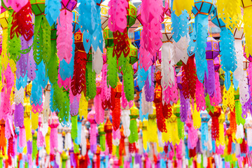The light of the Beautiful Lanna lamp lantern are northern thai style lanterns in Loi Krathong or Yi Peng Festival at Wat Phra That Hariphunchai is a Buddhist temple in Lamphun, Thailand.