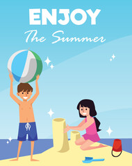 Summer banner with children playing on the beach, flat vector illustration.