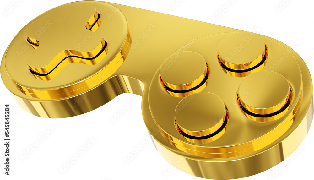 Poster minimalistic console game controller. png gold icon on transparent background. 3d rendering.