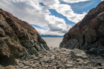 Blue cloudy sky over Beluga Point whale watching roadside stop on the Seward Highway on Turnagain...