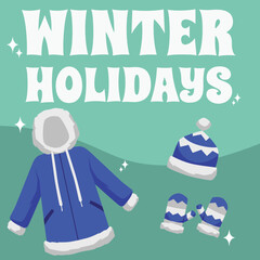 Winter fashion card or banner design with seasonal clothes, flat vector illustration.