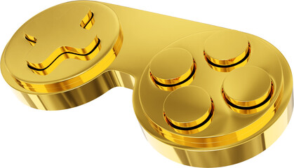 Minimalistic console game controller. PNG gold icon on transparent background. 3D rendering.