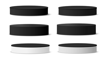 3d cylinder pedestal podium geometric platform. Product display presentation. Minimal scene with pastel colours black template design, isolated on white
