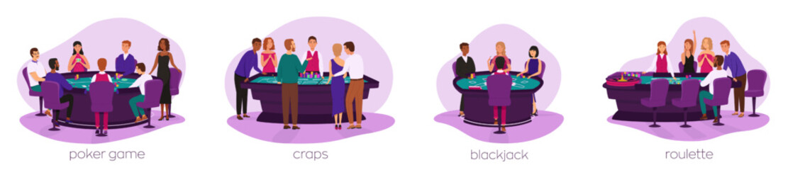 People play roulette, craps game, poker game and blackjack vector set. Casino, gaming house flat illustration. Happy people characters. Casino interior decor. Gambling industry. For design casino web