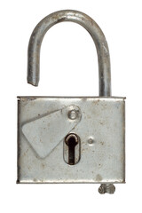 Old iron padlock on a white background. Close-up of a metal lock.