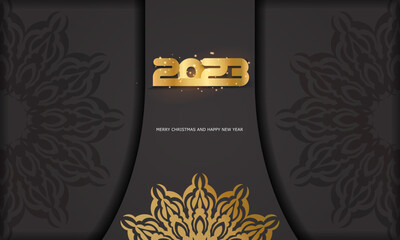 Black and gold color. 2023 happy new year holiday banner.