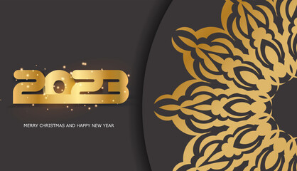 Black and gold color. Happy New Year 2023 festive postcard.