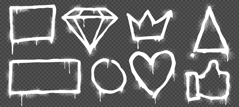 White Paint Spray Graffiti With Drips And Splatter. Street Art With Heart, Crown, Diamond And Thumb Up Symbols, Frames In Shape Of Square, Rectangle, Triangle And Circle, Vector Realistic Illustration