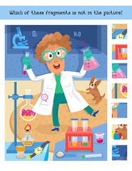 Find hidden fragments. Game for children. Scientist chemist among the objects. Microscope with mirror in cartoon flat style. Cartoon character vector illustration.