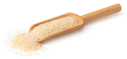 Psyllium husks in the wooden scoop, isolated on white background.