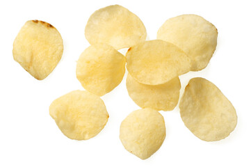 Potato chips isolated on white background, top view.