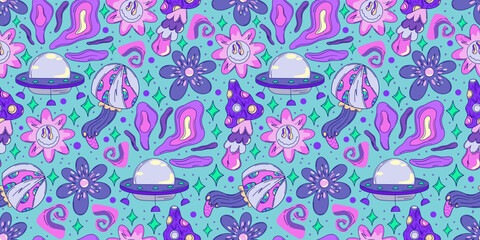 Trippy y2k seamless pattern with mushroom and ufo. Crazy flower abstract. Doodle vector seamless pattern. Magic alien trippy design.