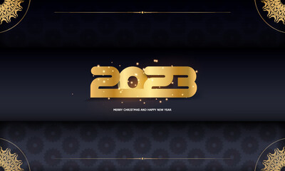 Happy New Year 2023 festive postcard. Black and gold color.