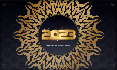 Happy New Year 2023 festive postcard. Golden pattern on black.
