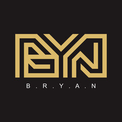 Logo name of BRYAN. Typography design. Line art and monogram. Letter B, R, Y, A, and N combination.
