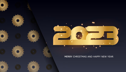 Black and gold color. 2023 happy new year greeting banner.
