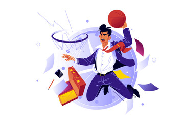 Businessman jumping taking slamdunk in basket