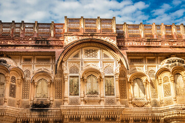 Fort facade vintage artistic window with bright blue sky from different perspective