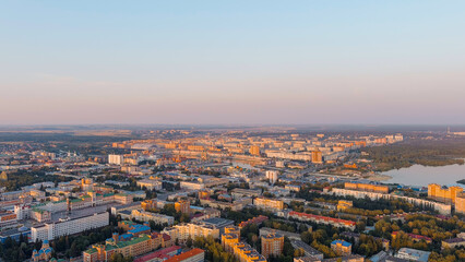 Fototapeta na wymiar Yoshkar-Ola, Russia. Panorama of the central part of the city from the air during sunset, Aerial View