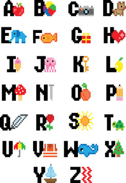 English alphabet Chart with pictures for children education. Pixel art. vector Illustration.