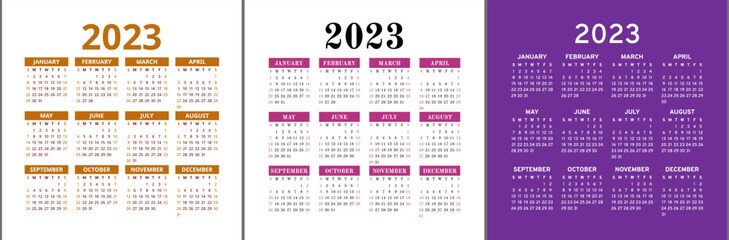 Calendar 2023. Square vector calender design template. English color set. Week starts on Sunday. January, February, March, April, May, June, July, August, September, October, November, December
