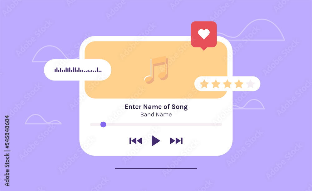 Poster modern music player ui design and audio media playback controls concept flat illustration.