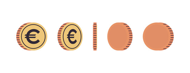 International currency coins and gold coins at different agles of rotation concept full length flat illustration.	

