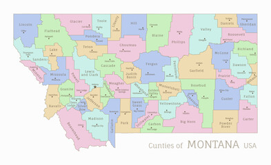 Obraz premium Counties of Montana, administrative map of USA federal state. Highly detailed color map of Montana American region with territory borders and counties names labeled vector illustration