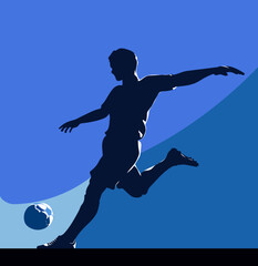 Fototapeta na wymiar Professional football player vector silhouette on isolated white background. Silhouette of a player kicking a soccer ball, vector illustration 