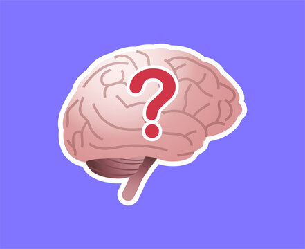 Brain sticker on purple background and brain thinks have a question flat illustration.	
