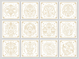Twelve zodiac astrological horoscope signs card templates set. Capricorn, Aquarius, Pisces, Aries, Taurus etc stylized symbols esoteric, zodiacal horoscope constellation thin line vector illustration