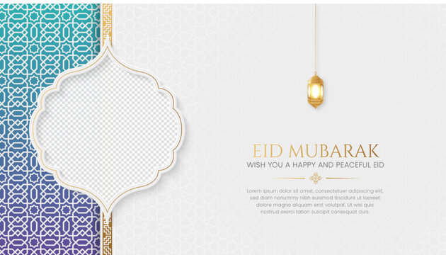 Eid Mubarak Arabic Islamic social media banner design with a colorful arabesque pattern and photo frame