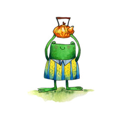 cartoon fairy frog with a teapot on a white background.