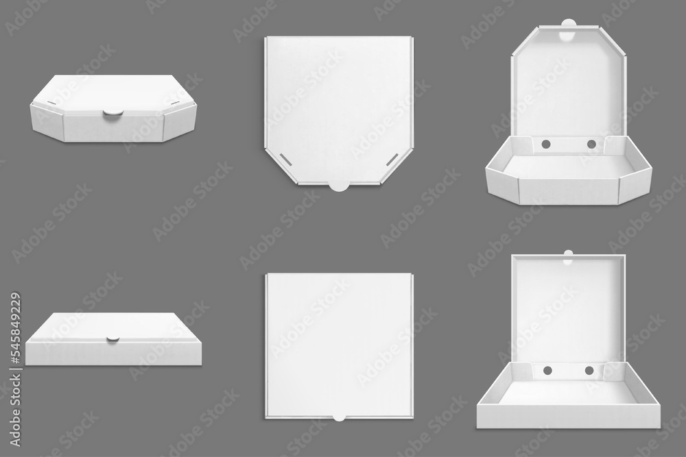 Poster empty cardboard pizza boxes with open and closed cover in front and top view. package template, whit