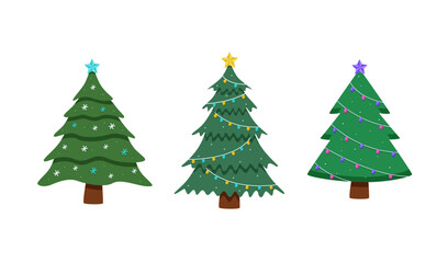 Christmas tree is traditionally decorated with toys and garlands. Vector illustration symbol of Christmas and New year.