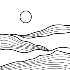 
Artistic simple modern landscape-abstract in boho style: hills and sun in monochrome shades (black lines drawn by hand) on a white background