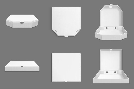 Empty cardboard pizza boxes with open and closed cover in front and top view. Package template, white carton square container for food delivery from pizzeria, vector 3d realistic mockup