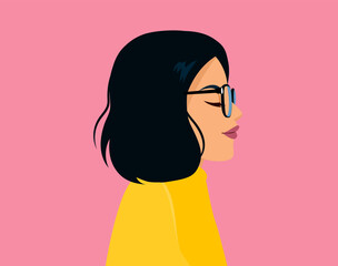 Young woman wearing yellow casual top and glasses looking to side, relax profile pose with natural face with confident smile